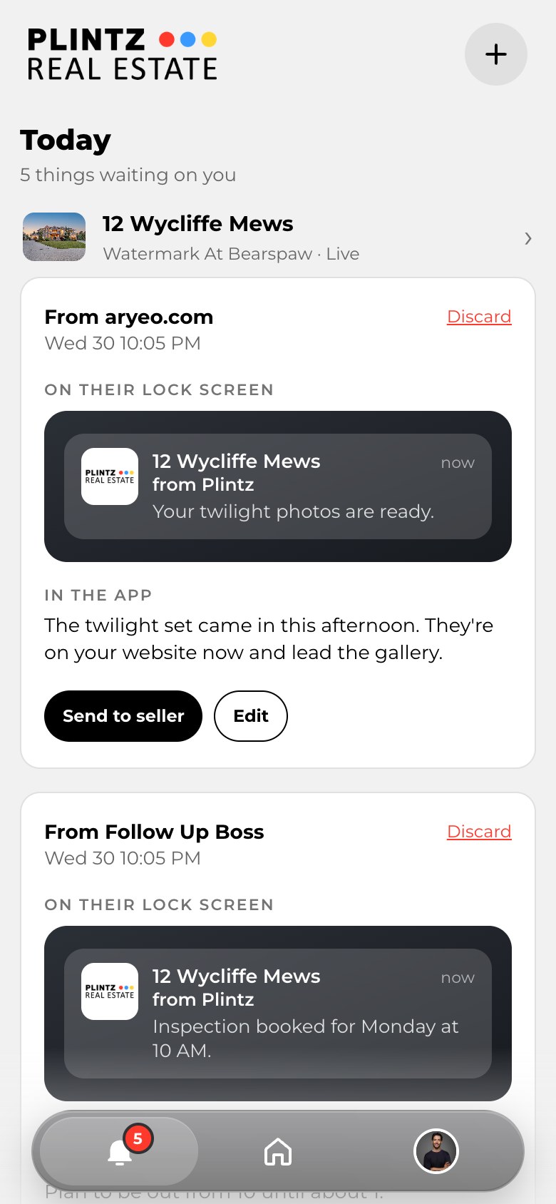 Your Today tab: a draft from your photographer's email and one from Follow Up Boss, each with Send to seller