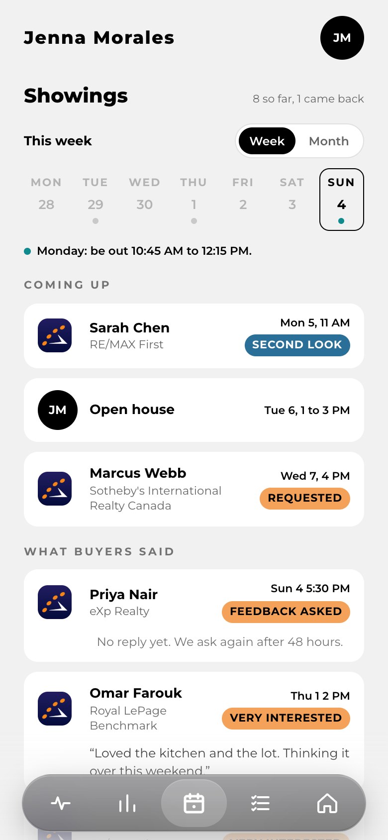 The Showings tab of the seller app